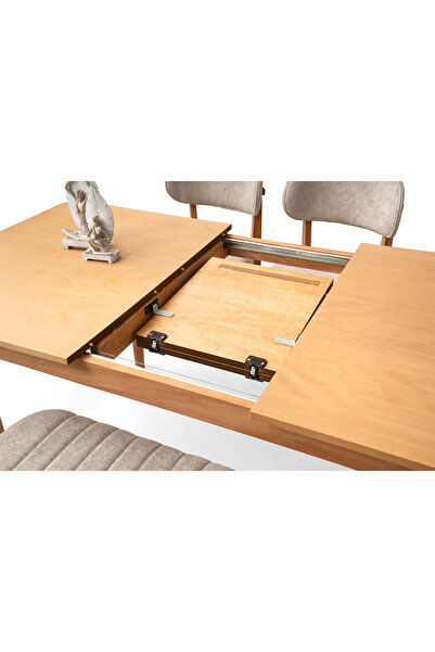 Viento Mobilya Fidan Naturel Açılır 140X90 Masa 6 Kişilik Bukle Kumaş Ahşap Diva Sandalye Masa Takımı