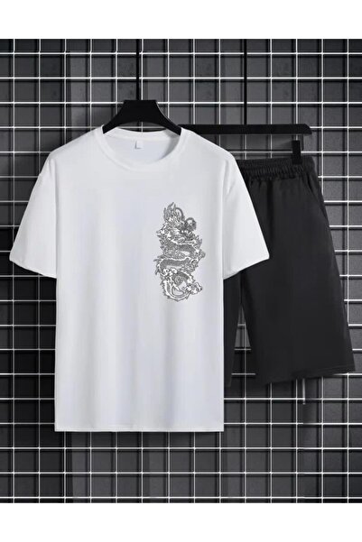 caddekombin Black and White Short Set with Dragon Print - Comfortable Fit