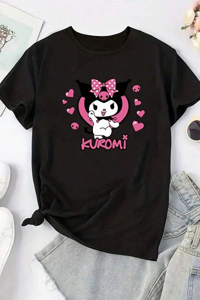 Let's Wear Тениска с кръгло деколте с розов текст Kuromi за момичета