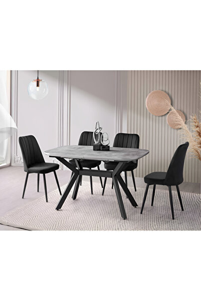 Viento Mobilya Valentin Retro Gümüş MDF Açılır 130X80 Masa Nil 4 Adet Siyah B...