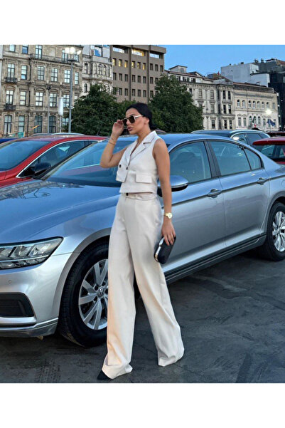 pembekurdelem Kő színű aszimmetrikus női mellény és nadrág szett