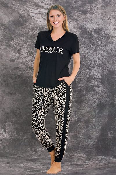 quilling Culoare neagră și model zebră Lady 12551 Bumbac Mânecă scurtă Set de pijamale de preferință pentru femei