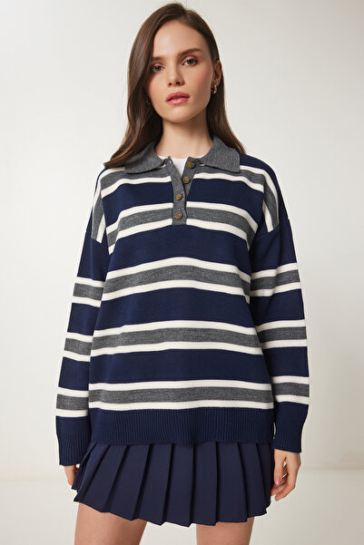Lovelyİstanbul Polo Yaka Çizgili Triko Kazak LACİVERT LUS0086