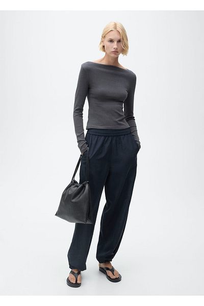 MANGO Woman Bawełniany T-shirt z dekoltem w łódkę
