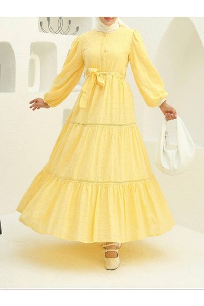 Modamorfo Ruffled Lace Stripe Detail Dress with Skirt -Yellow