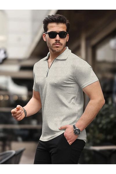 caddekombin Ανδρικό μπλουζάκι με φερμουάρ David Polo γιακά από βαμβακερό ύφασμα μπεζ κοντομάνικο