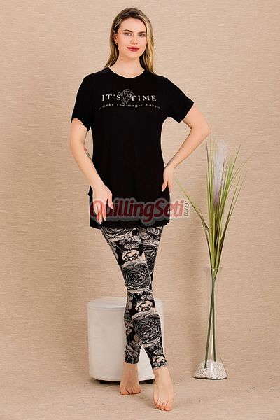 quilling Set de pijamale cu mânecă scurtă pentru femei, din bumbac, cu model de flori de culoare neagră și crem, Lady 12485