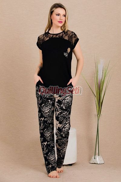 quilling Set de pijamale de damă cu mânecă scurtă din bumbac 12488 cu model de trandafiri și culoare neagră