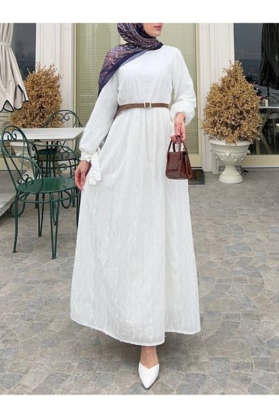 Modamorfo Rochie cu dantelă cu bretele elastice în talie (FĂRĂ CUREA) -albă