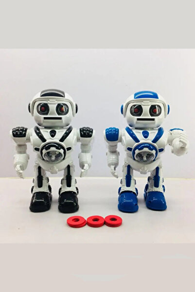 welcomein Siyah Büyük Boy Disk Atan Yürüyen Oyuncak Uzay Savaşçısı Robot Sesli Işıklı ve Pilli Robot +3 Yaş