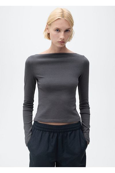 MANGO Woman Bawełniany T-shirt z dekoltem w łódkę