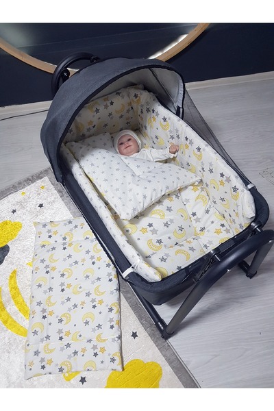 bebek_iklimi 45x85 Keten Tenteli Portatif Beşik ve Uyku Seti - Anne Yanı Sall...