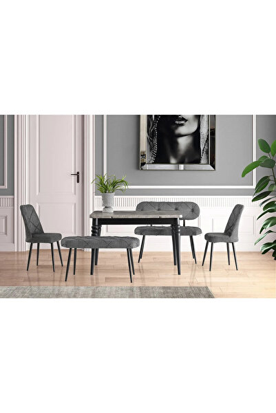 Viento Mobilya Yakamoz Retro Gümüş Desen Açılır 120X80 Masa 6 Adet Bench Takı...