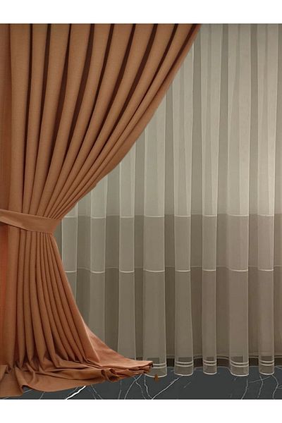 Madame Dower New Season Linen Background Curtain - Eclipse Orange 1X3 Close Pleat + Binding Girdle Gift