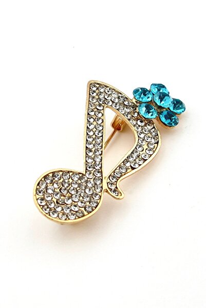 Solfera Beyaz Zirkon Taşlı Nota Müzik İşareti Mavi Çiçek Metal Yaka Süsü Broş RZ320