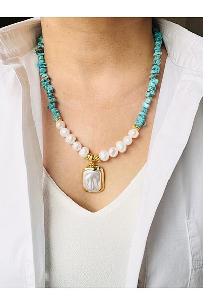 DEVİ fashion Real Pearl and Turquoise Natural Stone Design Necklace 53 cm