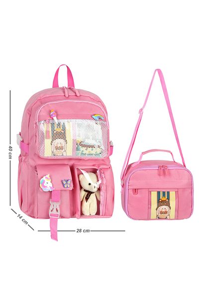 Waddell BLR-0066-3215 Rucsac și cutie de prânz pentru fete în stil coreean Kawaii cu accesorii și ursuleț