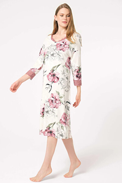 NightLove Anıl 5801 Uzun Kol V Yaka Bamboo Çiçek Desenli Kışlık Örme Normal Bel Dantel Detaylı Gecelik