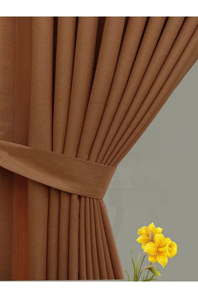 Madame Dower New Season Linen Background Curtain - Eclipse Orange 1X3 Close Pleat + Binding Girdle Gift