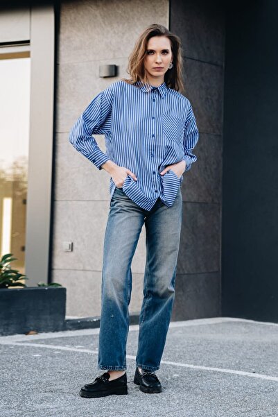 Pek Moda Kadın Saks Mavi Beyaz Çizgili Uzun Kollu Tek Cepli Gömlek