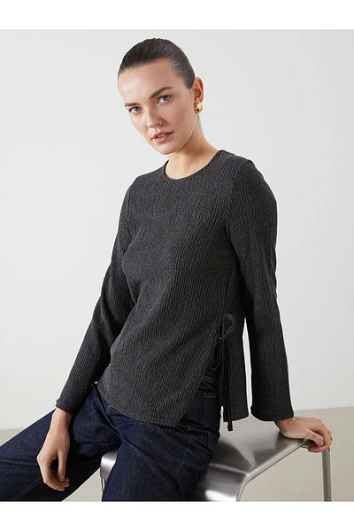 LC Waikiki Γυναικεία μπλούζα LCW Comfort Anthracite Crew Neck με υφή