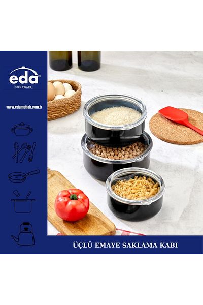 Eda طقم تخزين مينا أسود مكون من 3 قطع