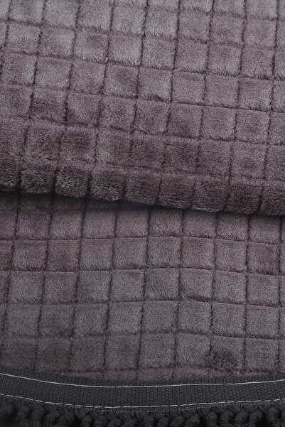 Teksev Square Plus Anthracite Color Oval Pompom Fringed Runner Non-Slip Based Machine Washable Soft Carpet