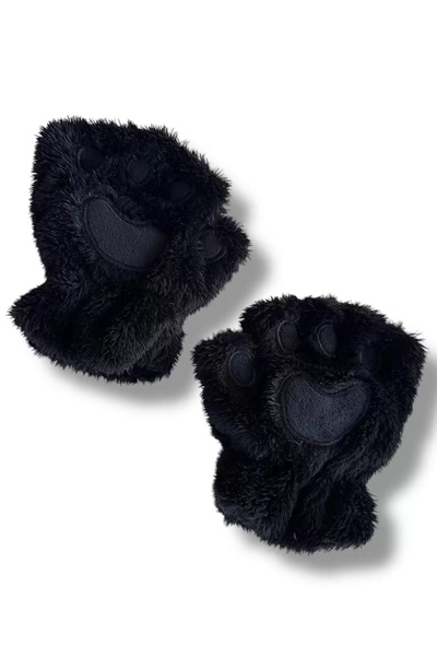 CAŞ DEKORASYON Black Color Paw Figured Plush Children's Gloves