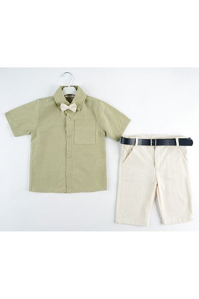 Katre Boy's Summer 4-Piece Shirt Capri Suit with Bow Tie Belt