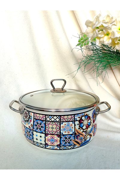EBRULİEMAYE Tile Pattern Lux Enamel 20 cm 3 Liter Pot Milk Yogurt Soup Pot