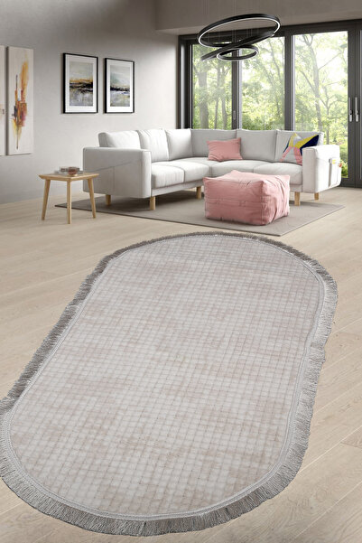 Teksev Square Plus Cream Color Oval Sports Flat Fringed Runner Stain Resistant Non Slip Machine Washable Carpet