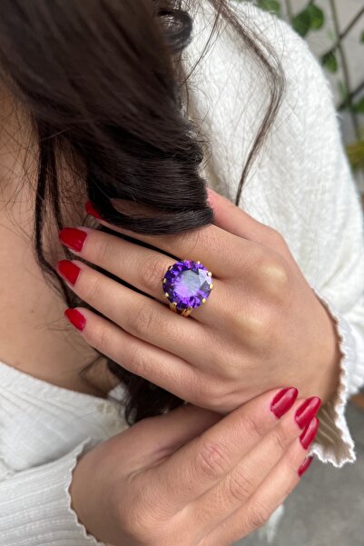 Utku Kuyumculuk 14 AYAR YUVARLAK KESİM AMETİST TAŞLI ELİŞİ ALTIN YÜZÜK