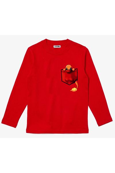 Efendioğlu Design Children's Long-Sleeved Charmander Pocket Printed Cotton T-Shirt
