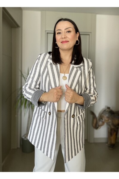 Butik GRİ ÇİZGİLİ OVERSIZE KETEN GÖRÜNÜMLÜ KOL DETAYLI  ASTARLI BLAZER CEKET