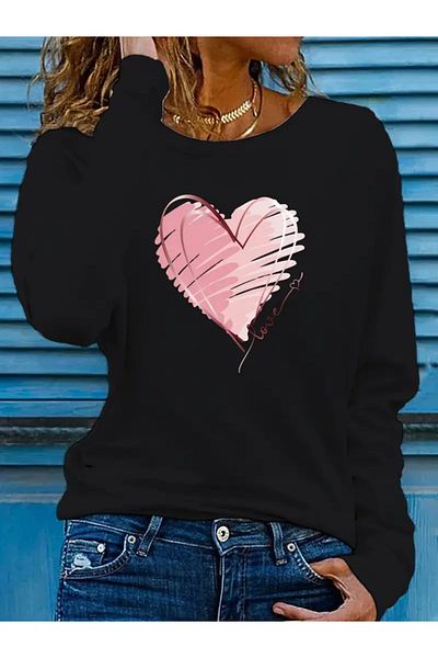 REKA MODA Women's Long Sleeve Crew Neck Heart Patterned Viscose Blouse