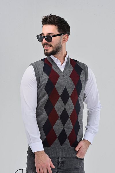 HEDEFNUR TEKSTİL Men's and Middle-Aged Diamond Patterned Winter Thick Knitwear V-Neck Knitwear Sweater