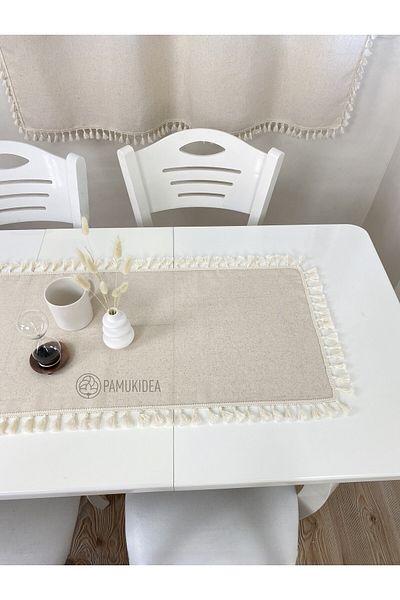 pamukidea 40x100 cm Λινά Κρέμα Φούντα Runner - 100% Βαμβάκι, Πλυμένο Buldan, Τραπεζομάντιλο σαλονιού Pompom