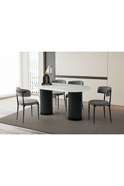 Viento Mobilya Orkide Marmo HG Sabit 160X90 Masa 8 Kişilik Bukle Kumaş Siyah ...