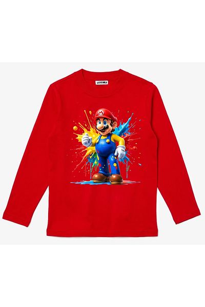 Efendioğlu Design تي شيرت قطني للأطفال مطبوع عليه MARIO بأكمام طويلة
