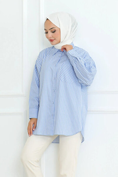 Pek Moda Kadın Bebe Mavi Beyaz Çizgili Uzun Kollu Tek Cepli Tesettür Gömlek