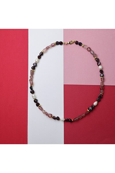 B Design jewelry Lal (Garnet)  Taşı & Pembe Kuvars & İnci Kolye