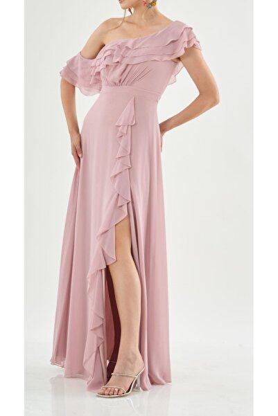 ZY BUTİK فستان سهرة من الشيفون البودرة مع فتحة على الكتف