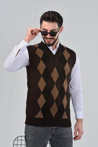 HEDEFNUR TEKSTİL Men's and Middle-Aged Diamond Patterned Winter Thick Knitwear V-Neck Knitwear Sweater