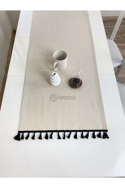 pamukidea 45x145 cm Μαύρο λινό Runner - Washed Buldan, Pompom 100% Cotton, Τραπεζομάντηλο Τραπεζάκι σαλονιού