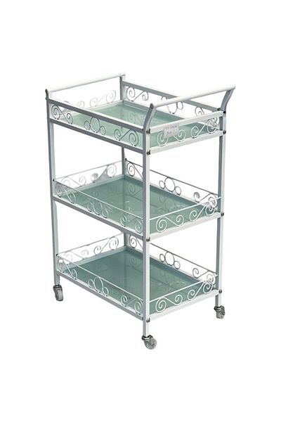 TrentonGCC Three-Tier Metal Serving Cart with Glass Shelves – White