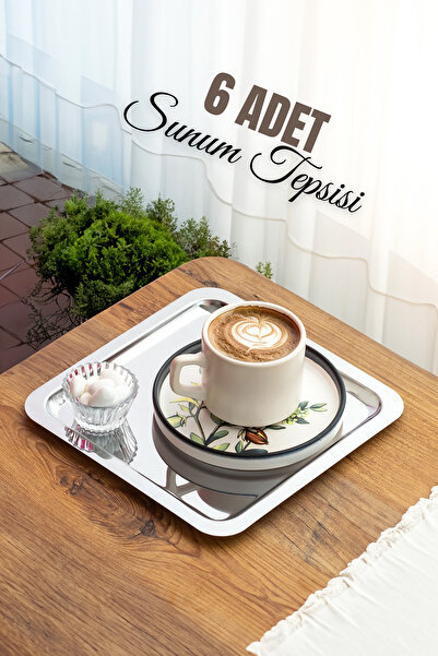 Metsar Home Paslanmaz Çelik Kare 6lı Aksesuarsız Çay Kahve Sunum Tepsisi