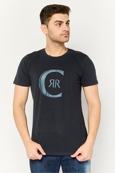 Cerruti 1881 Men Round Neck Short Sleeves Brand Logo T-Shirt, Dark Navy Blue