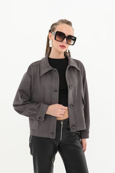 Byelmira سترة نسائية من جلد الغزال المخملي مع جيوب أنثراسايت