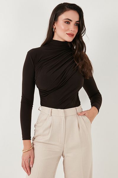 Lela Stretch Drawstring Detailed Slim Fit Stand Collar Blouse Bluz 669925