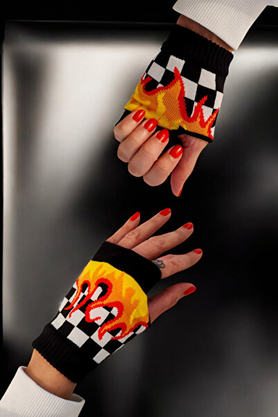 ZEYZEY MONKEY Black and White Flaming Checkerboard Pattern Fingerless Gloves